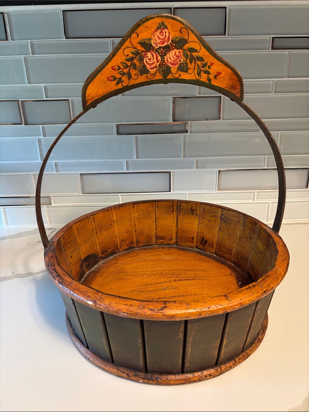 Vintage, Hand-Painted Rustic Orange Decorative Basket with Floral Accent